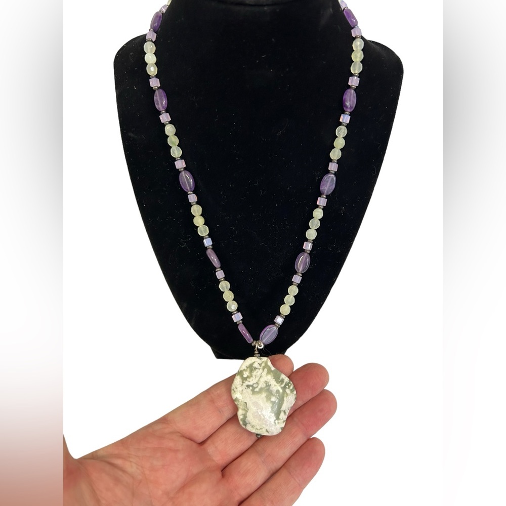 Stone necklace Pendant On Amethyst Stone & Glass Beaded Chain Handmade Green